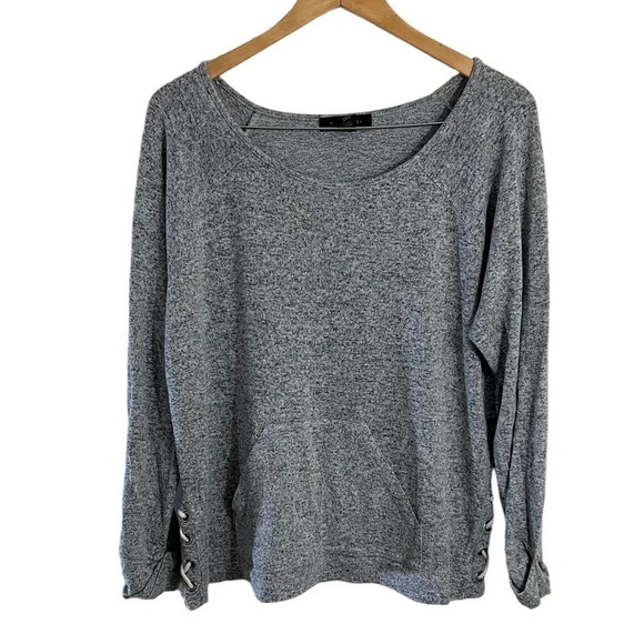 Tahari Gray Pullover Knit Top XL Lace Up Sides Kangaroo Pouch Pocket Long Sleeve - Picture 1 of 8